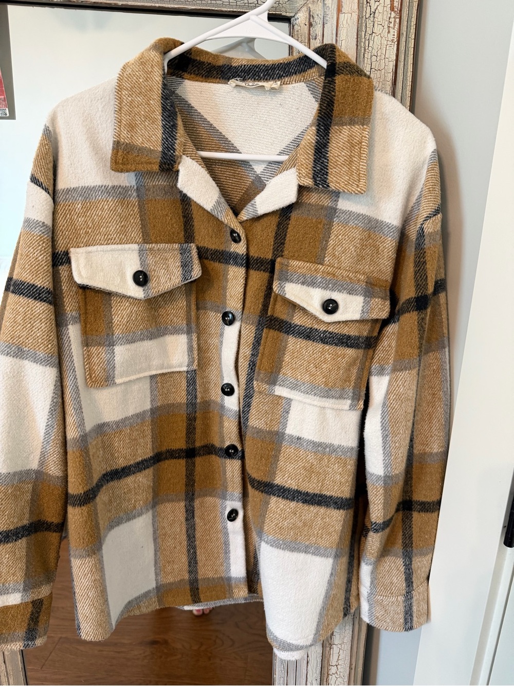 Women’s Plaid Shacket in Mustard, Ivory and Black.